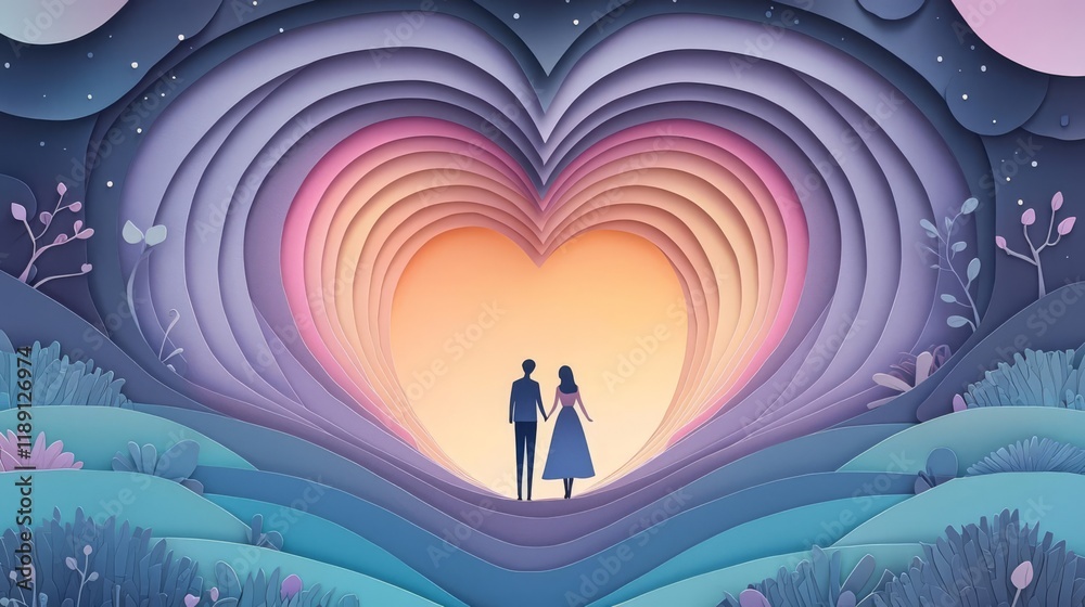 Fototapeta premium A romantic couple standing in a heart-shaped landscape.