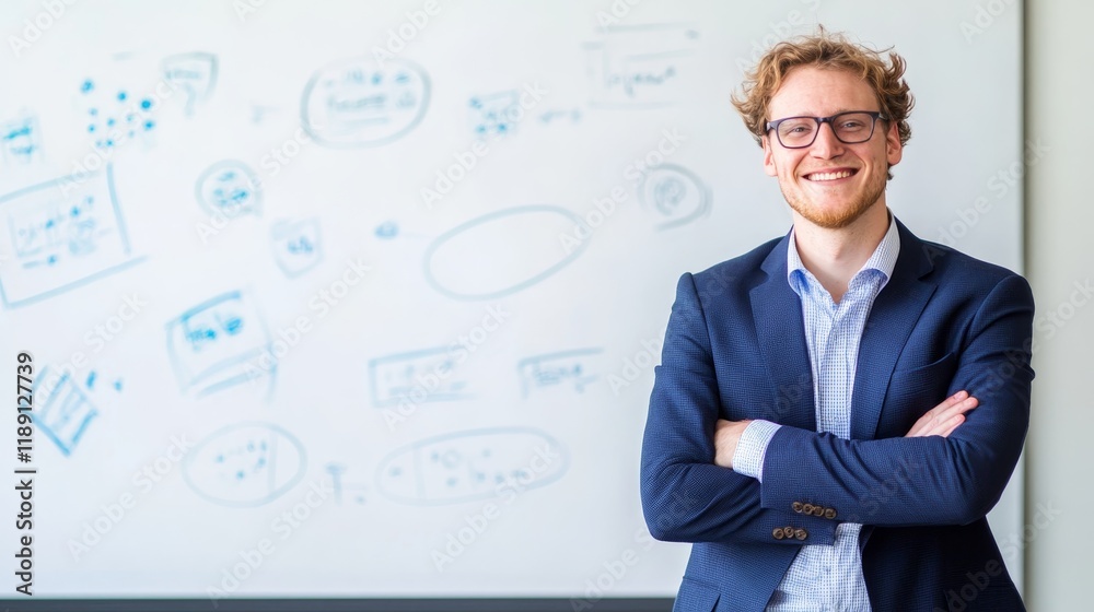 A smiling professional stands in front of a whiteboard with diagrams and notes. A smiling professional stands in front of a whiteboard with diagrams and notes.