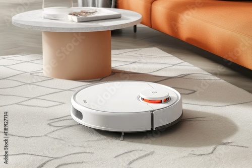 Modern Robot Vacuum Cleaner Operating on a Soft Patterned Carpet with a Cozy Couch and Coffee Table in a Brightly Lit Room