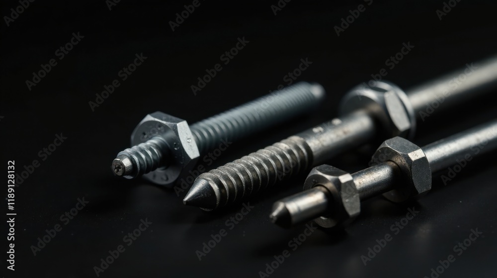 Close-up view of metallic fasteners with threaded shafts and hexagonal nuts Close-up view of metallic fasteners with threaded shafts and hexagonal nuts