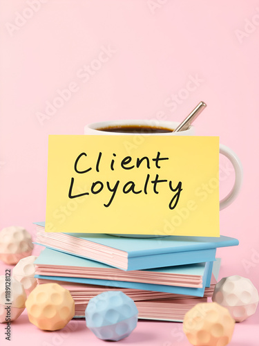 Writing note showing Client Loyalty. Business concept for The result of consistently positive satisfaction to clients Coffee cup pen note banners stacked pads paper balls pastel background photo