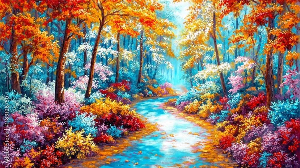 Vibrant Autumn Forest Stream Landscape Painting Vibrant Autumn Forest Stream Landscape Painting
