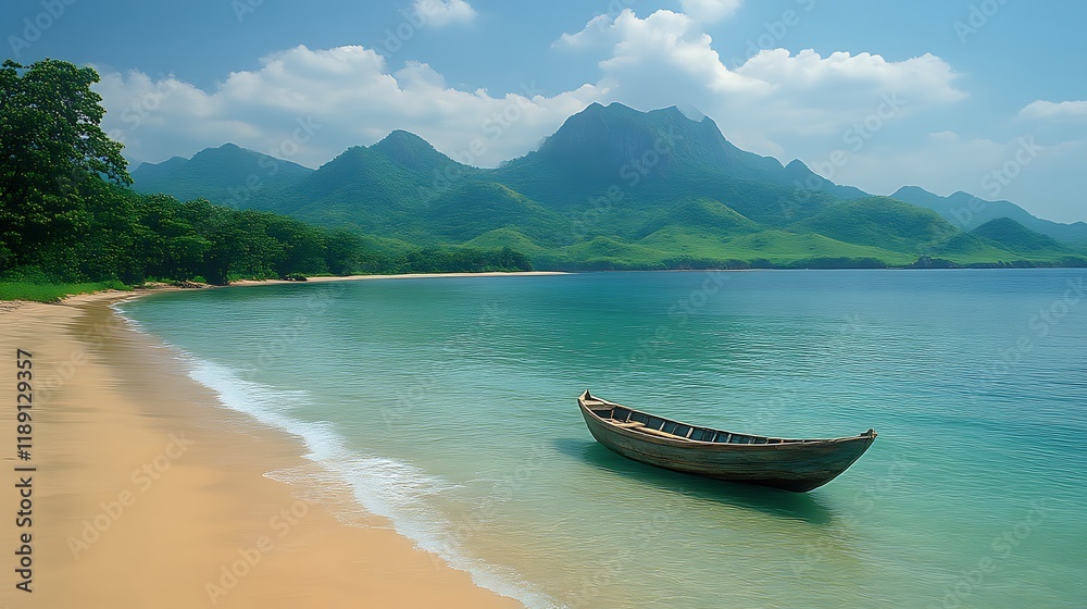 Serene Coastal Scene With Boat And Mountain Background Serene Coastal Scene With Boat And Mountain Background