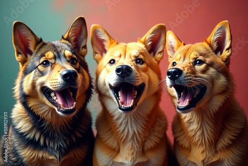 Three happy dogs posing together, showcasing their unique expressions and fur patterns. photo