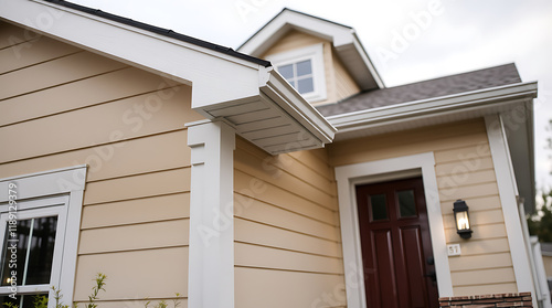 Elegant Home Exterior: Beige House with White Trim and Brown Door photo