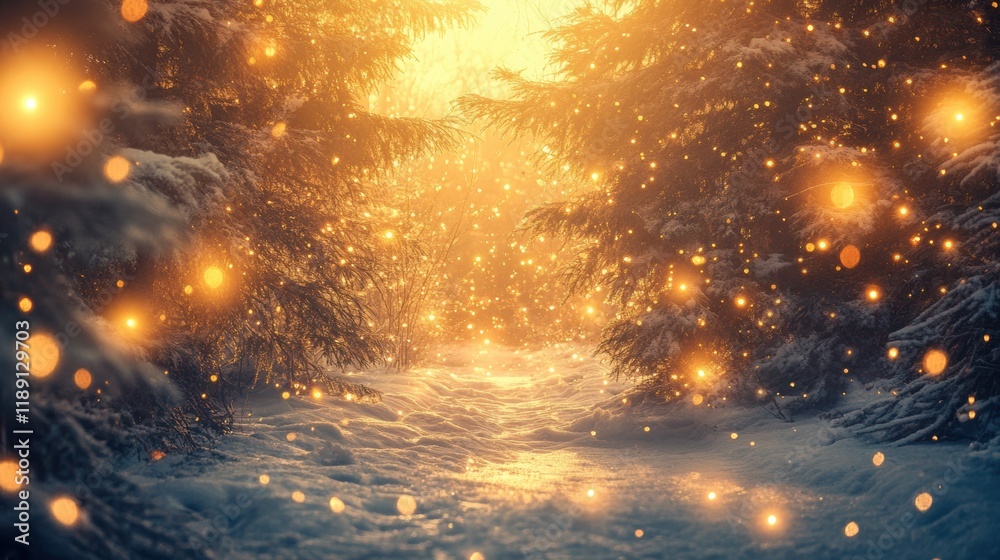 Naklejka premium Misty foggy winter forest with snow covered trees.