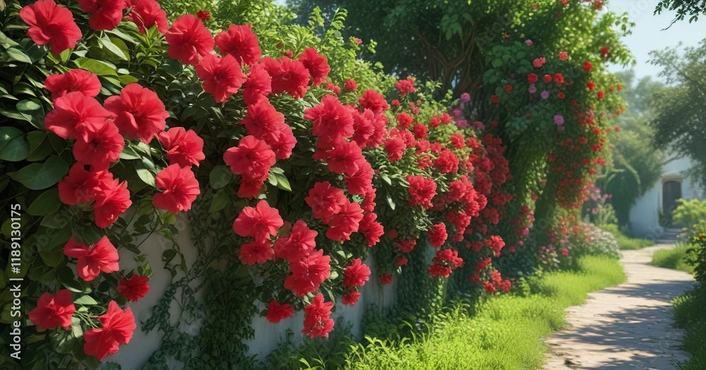 Naklejka premium Colorful Bougainvillea vine with red flowers in a lush green environment , indoor plants, white background