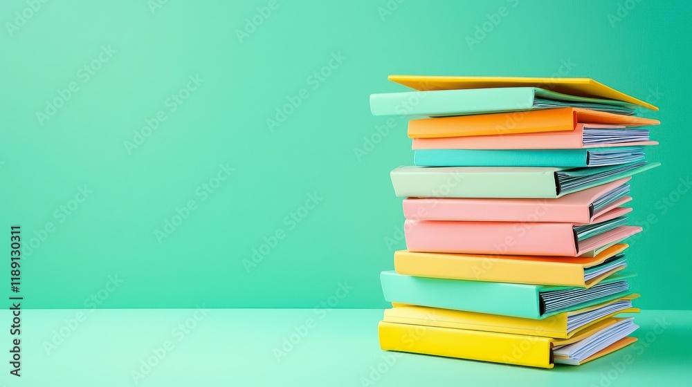 A colorful stack of notebooks sits against a vibrant teal background, perfect for studying or organizing thoughts.