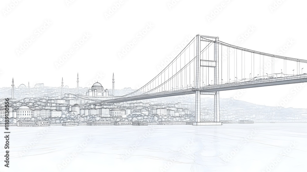 Fototapeta premium Wireframe-style vector illustration of Istanbul city with the Bosphorus Bridge. concept for futuristic urban design, architectural visualization,engineering,digital 3D modeling and modern city mapping