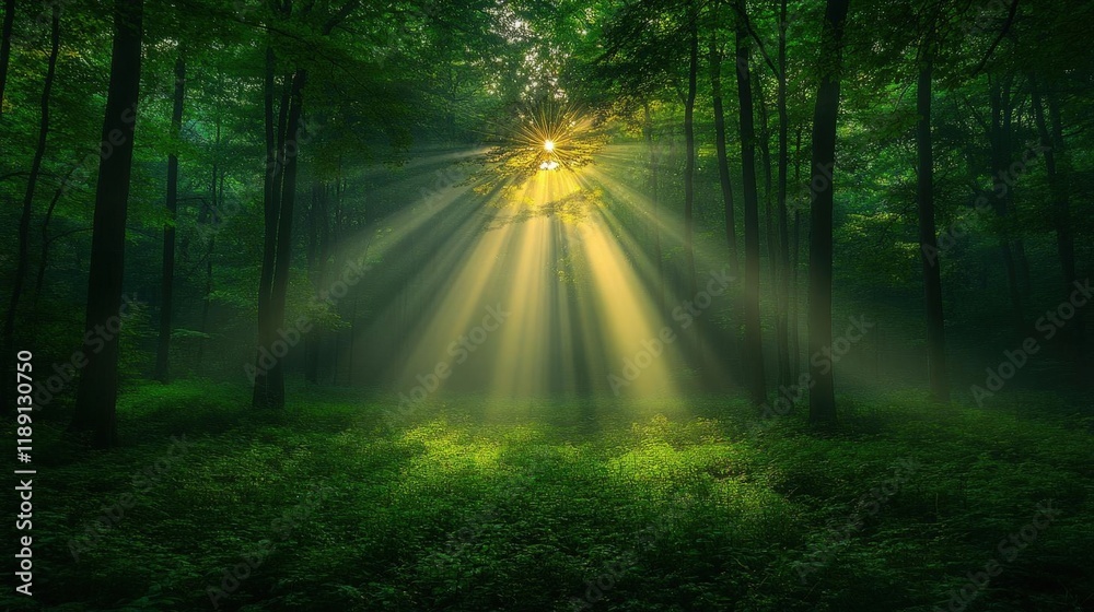 Obraz premium Sunbeams Illuminate Lush Forest: A Serene and Magical Nature Scene