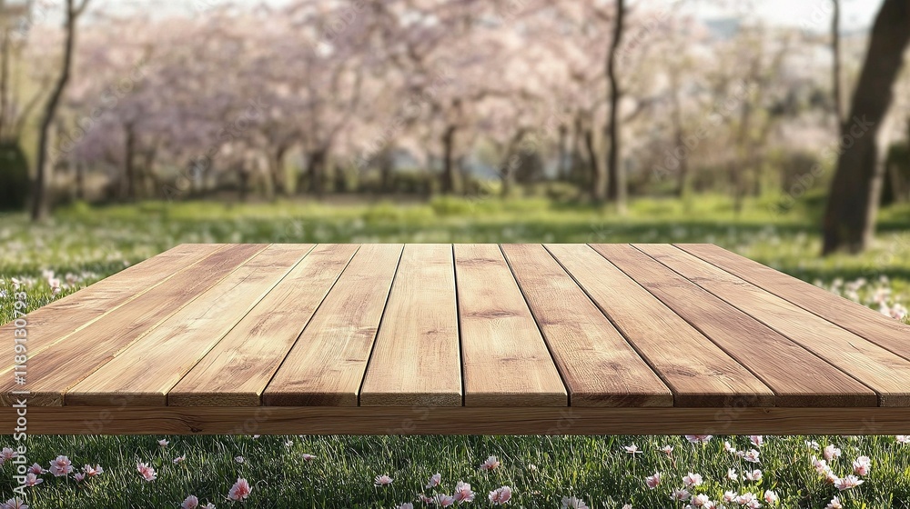 Springtime Tabletop: A weathered wooden tabletop set against a backdrop of a blooming cherry blossom garden, creating a serene and inviting ambiance. Springtime Tabletop: A weathered wooden tabletop set against a backdrop of a blooming cherry blossom garden, creating a serene and inviting ambiance.