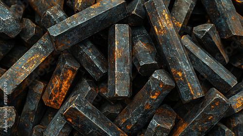 Fuel assembly: A macro shot of uranium fuel rods bundled together, encased in zirconium alloy for high durability under extreme conditions. 