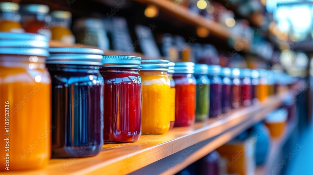 A colorful display of jars filled with various preserves on a wooden shelf. A colorful display of jars filled with various preserves on a wooden shelf.