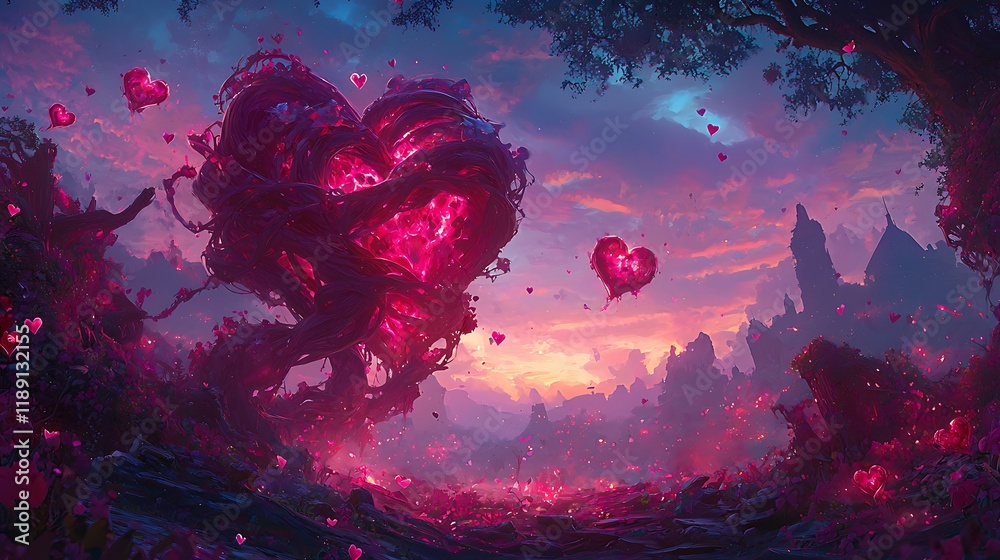 Obraz premium Glowing Heart Tree in a Fantasy Landscape with Floating Hearts