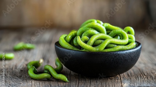 Close-up of a bowl filled with bright green gummy worms on a rustic wooden surface.