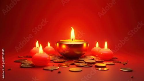 Golden Candle & Red Candles with Coins - Spiritual and mindful imagery photo