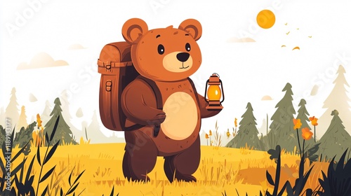 Adorable Bear Camping in Field with Backpack and Lantern