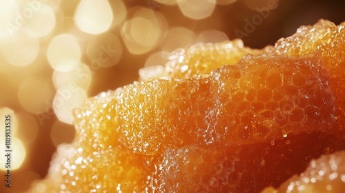 Golden Honeycomb Closeup Rich Texture Sweet Treat Delightful Ambiance photo