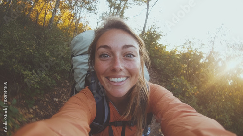 smiling woman with backpack hiking in nature, surrounded by trees and sunlight. Her joyful expression captures spirit of adventure and exploration photo