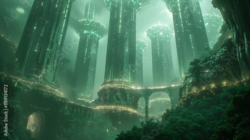 A massive alien hive glowing with pulsating lights deep in a dark alien forest.