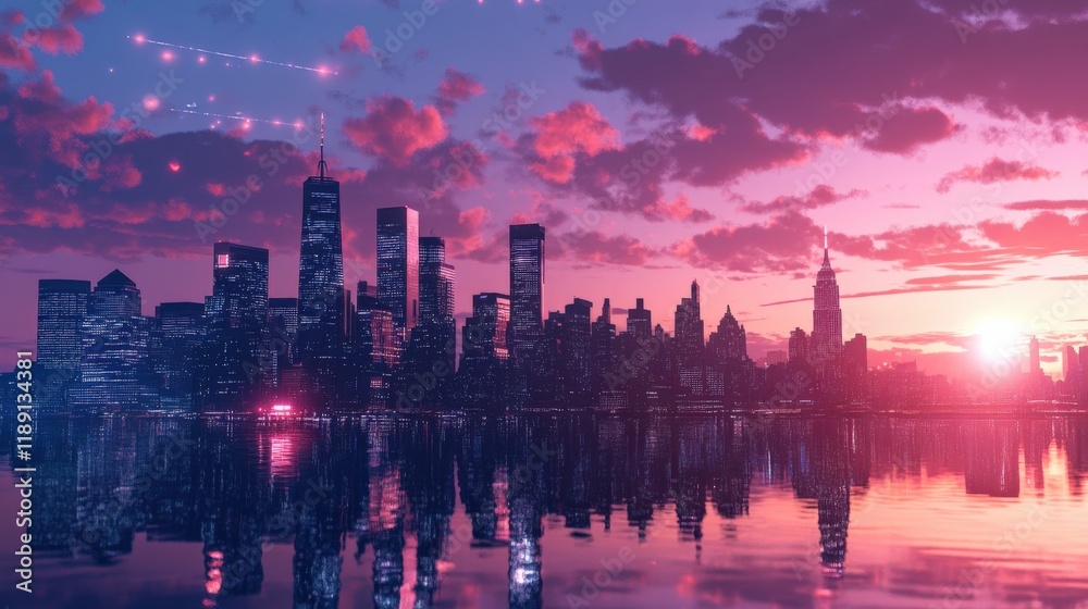 Obraz premium cityscape at dusk with a purple and pink sky reflected in water