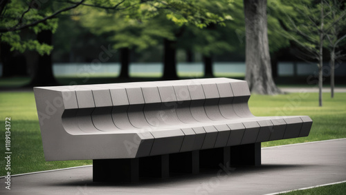 Innovative Brutalist Concrete Bench Surrounded by Lush Green Space photo