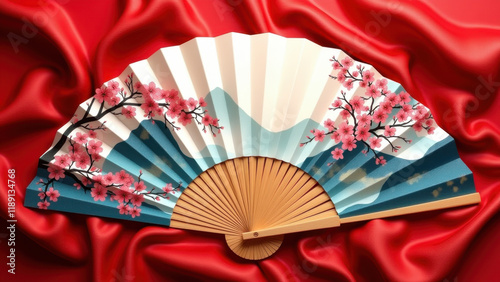 Japanese Cherry Blossom Hand Fan on Red Silk - • Asian-inspired design photo