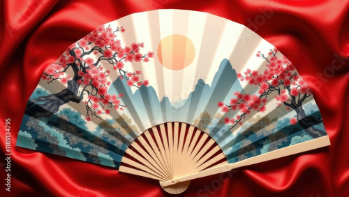 Japanese Hand Fan, Cherry Blossom, Mountain Art - Asian-inspired de. photo