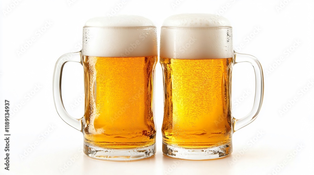 Celebratory cheers with two foam-filled beer mugs on white background Celebratory cheers with two foam-filled beer mugs on white background