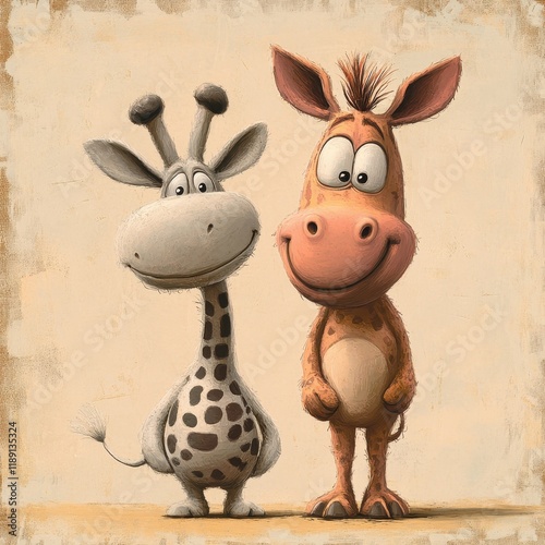 A playful giraffe and donkey stand together happily