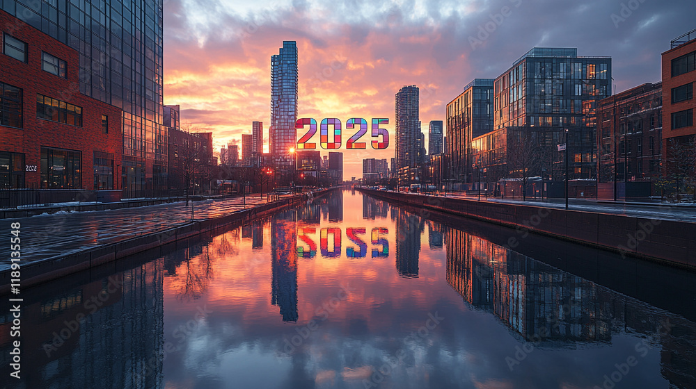 Fototapeta premium Modern cityscape canal at dawn 2025