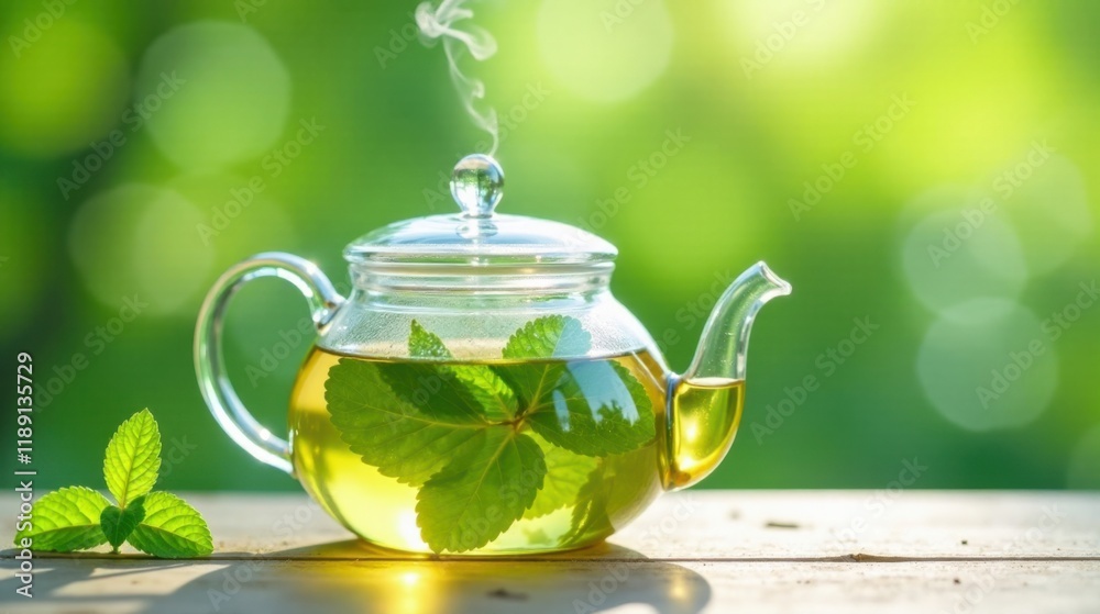 Refreshing Herbal Tea Brew in Glass Teapot Outdoors Refreshing Herbal Tea Brew in Glass Teapot Outdoors