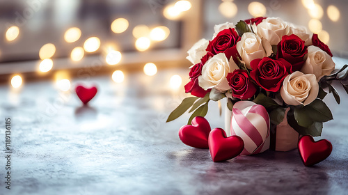A romantic red rose with candle and petals on a gift box