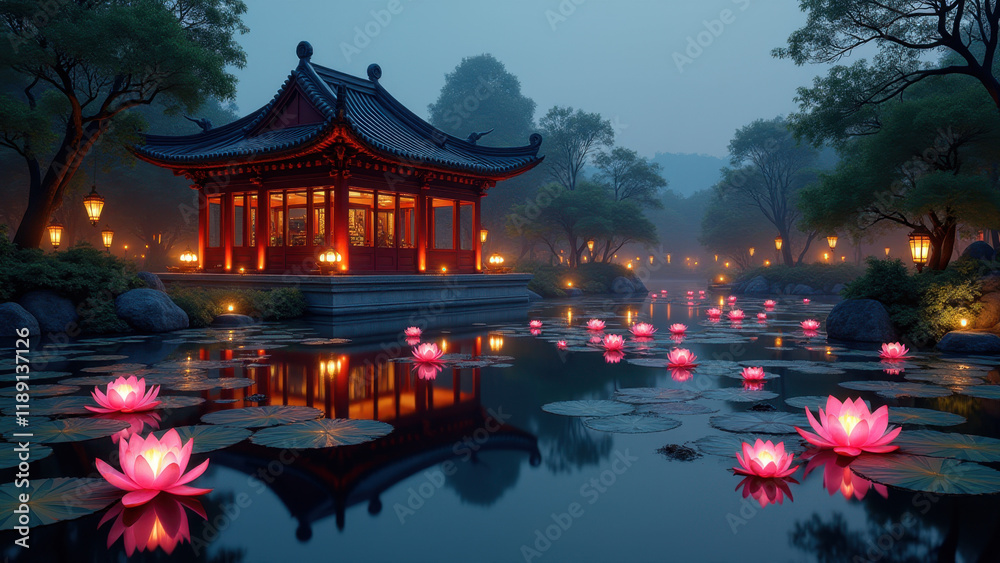 Obraz premium Serene Asian Garden at Dusk, Lotus Pond - Asian-inspired aesthetics