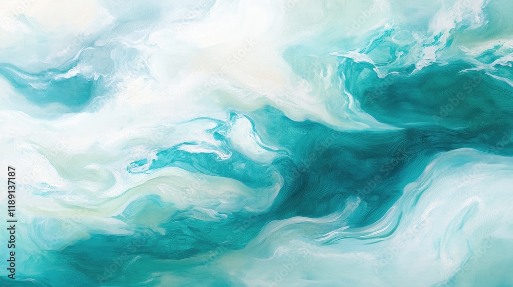 Abstract artwork depicting swirling teal and white patterns resembling ocean waves. Abstract artwork depicting swirling teal and white patterns resembling ocean waves.