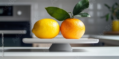 Fresh lemons and oranges sit on a white pedestal. Their vibrant colors pop against a blurred kitchen background. This image captures the essence of healthy eating in a stylish way. AI photo