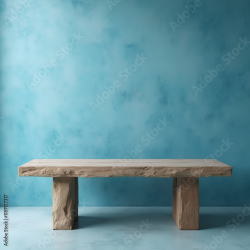 Table en stuc avec ombre naturelle sur fond de mur en béton bleu cyan  photo