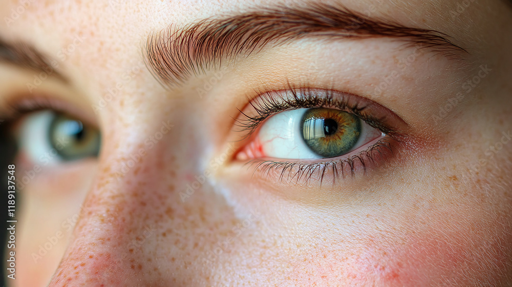 Fototapeta premium Closeup of red area on young woman face skin, redness on the cheek under the eye. allergy reaction problem, rosacea or eczema disease health problem, dermatology or cosmetology treatment.