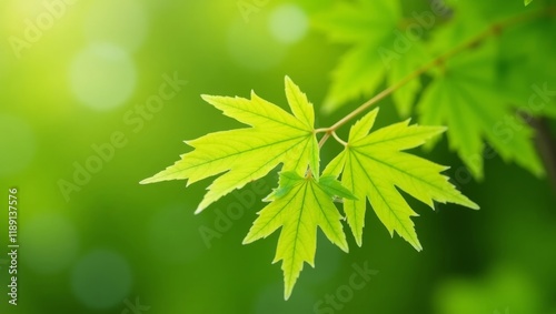 Close-up of vibrant green maple leaves with soft bokeh background. Perfect for nature, plant, and seasonal themes. photo