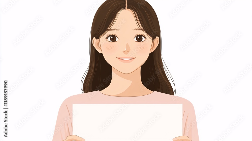 Smiling young woman holding a blank sign with a warm expression in a bright setting Smiling young woman holding a blank sign with a warm expression in a bright setting