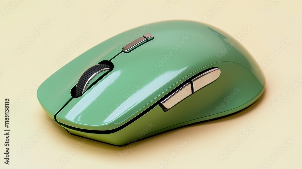 A sleek green computer mouse on a light background, showcasing a modern design and ergonomic features. A sleek green computer mouse on a light background, showcasing a modern design and ergonomic features.