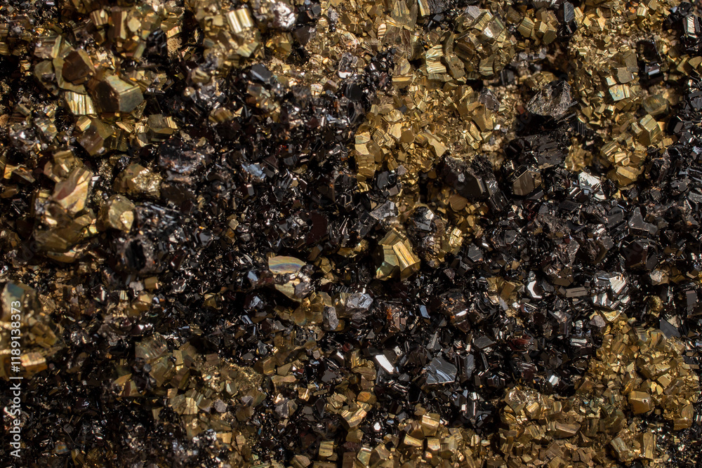 Pyrite mineral flower black and golden color soft focus close up, abstract pattern structure Pyrite mineral flower black and golden color soft focus close up, abstract pattern structure
