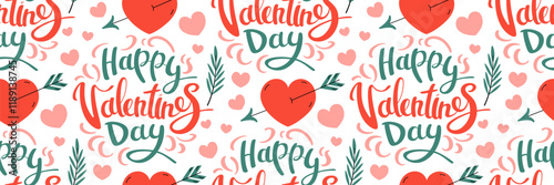 Valentine's Day pattern with hearts and lettering. Red heart with arrow. Cute flying arrow symbol Cupid. Red romantic Background. For packaging, wallpaper. Vector flat illustration.