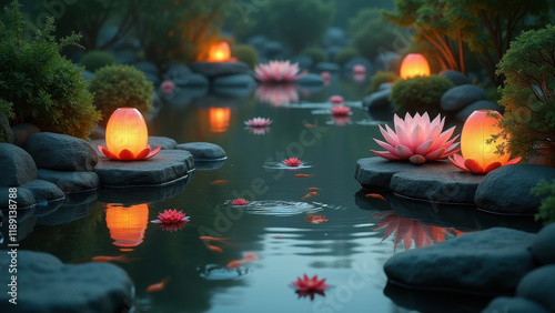 Serene Lotus Pond, Japanese Garden at Night - Tranquility and Welln. photo