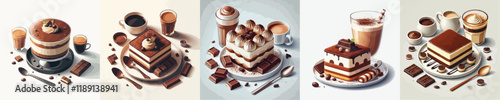 collection of delicious tiramisu and coffee drinks