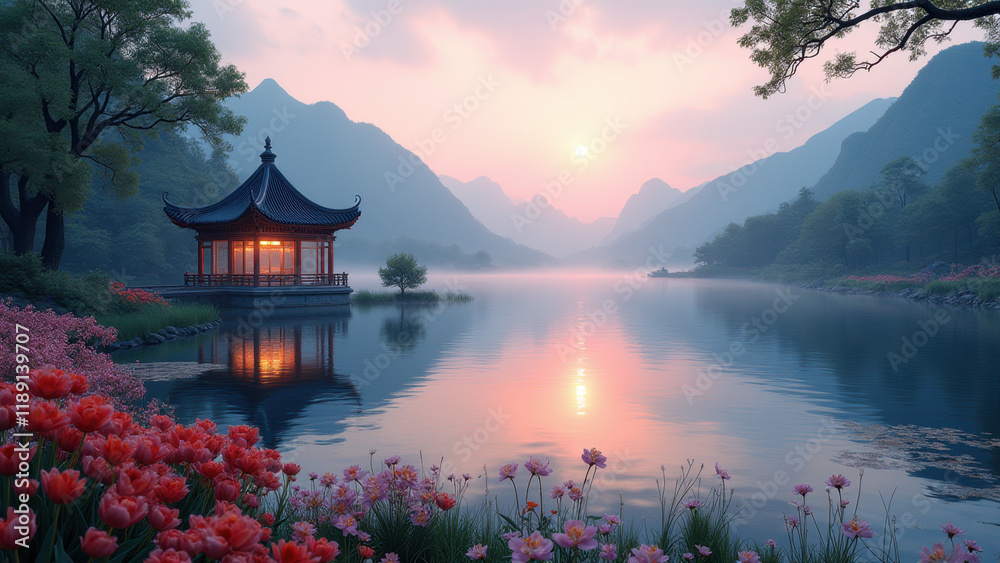 Fototapeta premium Serene Sunrise Pagoda Lake - Soft