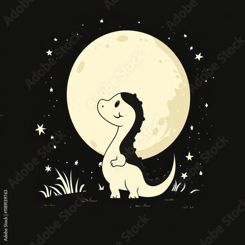 Cute dino moon gazing, nighttime, stars, grass, kids' apparel photo