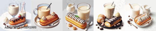 collection of sweet eclairs and milk dishes