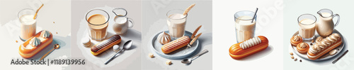 collection of sweet eclairs and milk dishes