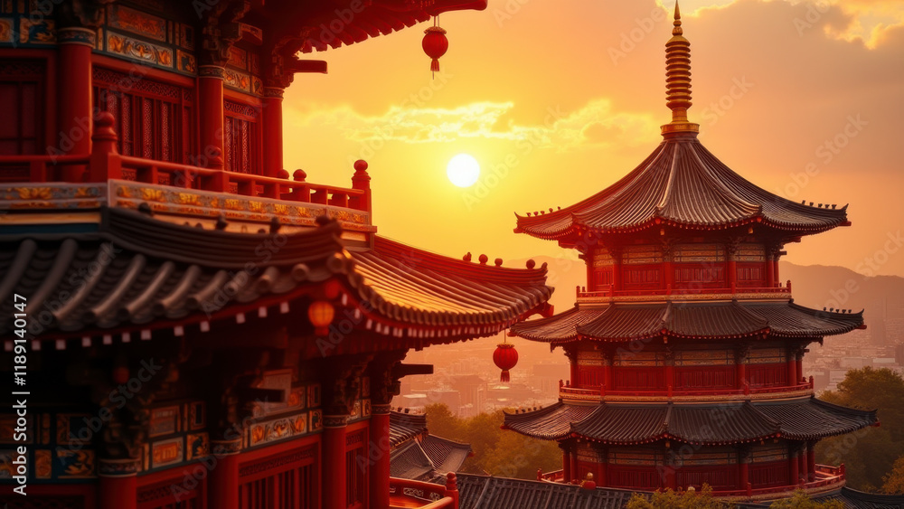 Obraz premium Sunset over Chinese Temples, Beijing - Vibrant colors/Golden Hour